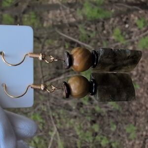 Elegant Labradorite Jasper & Shell Dangle Earrings Gold Plated Posts Handmade